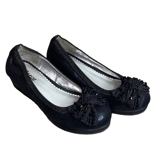 Justice Black Floral Beaded Bow Wedges 4 - Picture 1 of 7